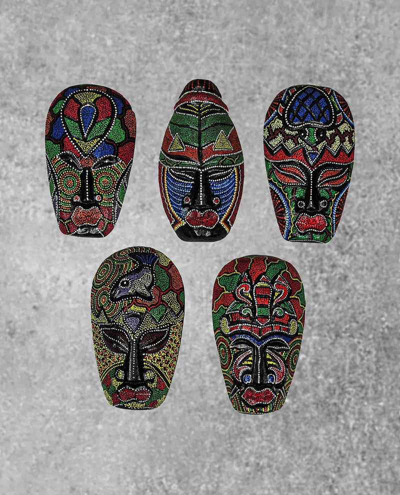 Things2Die4 Set of 10 Colorful Hand Carved Tropical Island Dot Painted Tribal Masks 6 1/2 Inches High Wall Hangings - Image 5